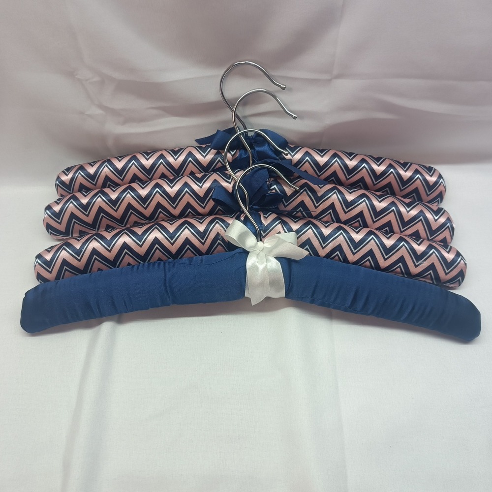 Set of 4 Satin Padded Hangers Navy Blue Rose Gold Chevron Pattern Closet Decor
